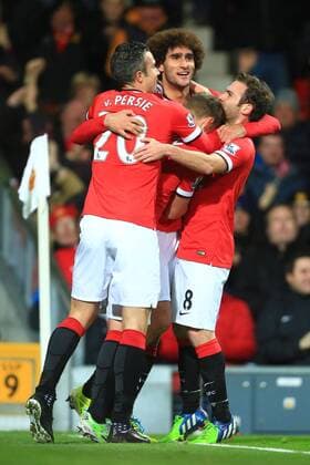 Marouane Fellaini of Manchester United ManU celebrates his opening goal - Manchester United vs. Stoke City - Barclay s Premier League - Old Trafford - Manchester - 02 12 2014 Pic Philip Oldham Sportimage EDITORIAL USE ONLY. No use with unauthorised audio, video, data, fixture lists, club league logos or live services. Online in-match use limited to 120 images, no video emulation. No use in betting, games or single club league player publications.