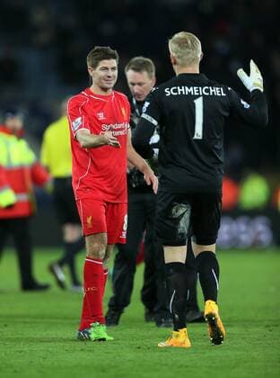 Liverpool s Steven Gerrard shakes hands with Leicester s Kasper Schmeichel Barclays Premier League- Leicester City vs Liverpool - King Power Stadium - England - 2nd November 2014 - Picture David Klein Sportimage EDITORIAL USE ONLY. No use with unauthorised audio, video, data, fixture lists, club league logos or live services. Online in-match use limited to 120 images, no video emulation. No use in betting, games or single club league player publications.