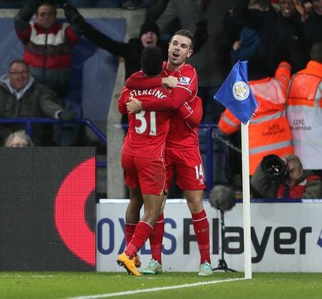 Liverpool s Jordan Henderson celebrates scoring his sides third goal Barclays Premier League- Leicester City vs Liverpool - King Power Stadium - England - 2nd November 2014 - Picture David Klein Sportimage EDITORIAL USE ONLY. No use with unauthorised audio, video, data, fixture lists, club league logos or live services. Online in-match use limited to 120 images, no video emulation. No use in betting, games or single club league player publications.