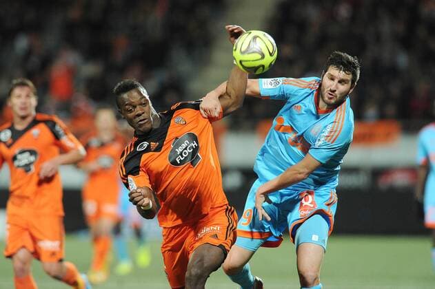 Lamine Kone (Lorient) Andre Pierre Gignac (Marseille) FOOTBALL : Lorient vs Marseille - Ligue 1 - 02 12 2014 N.LeGouic FEP Panoramic 