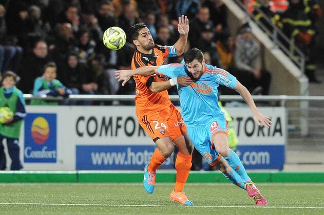Wesley Lautoa (Lorient) Andre Pierre Gignac (Marseille) FOOTBALL : Lorient vs Marseille - Ligue 1 - 02 12 2014 N.LeGouic FEP Panoramic 