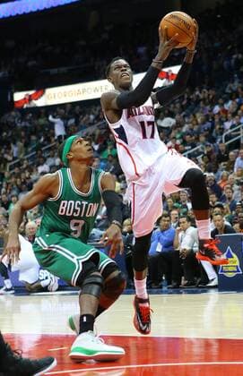Dec. 2, 2014 - Atlanta, GA, USA - The Atlanta Hawks Dennis Schroder (17) drives to the basket past the Boston Celtics Rajon Rondo (9) during the second half at Philips Arena in Atlanta on Tuesday, Dec. 2, 2014. The Hawks won, 109-105. Boston at Atlanta - ZUMAm67_