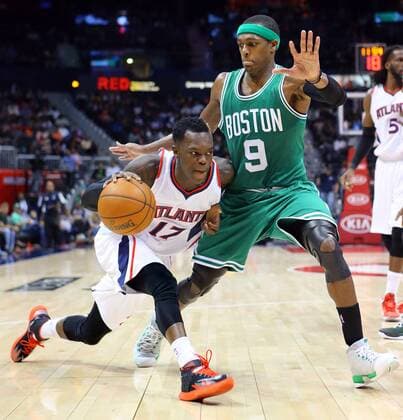 Dec. 2, 2014 - Atlanta, GA, USA - The Atlanta Hawks Dennis Schroder (17) drives against the Boston Celtics Rajon Rondo (9) during the second half at Philips Arena in Atlanta on Tuesday, Dec. 2, 2014. The Hawks won, 109-105. Boston at Atlanta - ZUMAm67_