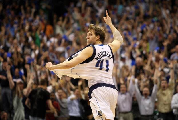 April 10, 2008 - Dallas Mavericks Dirk Nowitzki (41) celebrates with the crowd after he hit the game-winning three-point shot with less than a second remaining against the Utah Jazz at the American Airlines Center on Thursday, April 10, 2008, in Dallas, Texas. (Ron Jenkins Fort Worth Star-Telegram MCT) News Archive - April 10, 2008 - ZUMAm67_