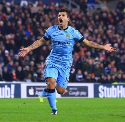 Aktuell Fußball, England, Premier League, FC Sunderland - Manchester City Sergio Kun Aguero of Manchester City celebrate his equalising goal - Sunderland vs. Manchester City - Barclay s Premier League - Stadium of Light - Sunderland - 03 12 2014 Pic Philip Oldham Sportimage EDITORIAL USE ONLY. No use with unauthorised audio, video, data, fixture lists, club league logos or live services. Online in-match use limited to 120 images, no video emulation. No use in betting, games or single club league player publications.