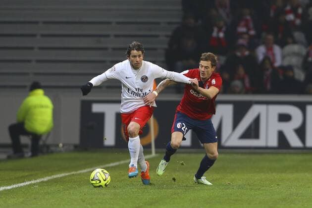Aktuell Fußball, Frankreich, Ligue 1, OSC Lille - Paris St. Germain Maxwell Sherrer (PSG) vs Nolan Roux (Lille) Lille OSC (LOSC) - Paris St. Germain (PSG) - Ligue 1 - 03 12 2014 - GwendolineLeGoffx 