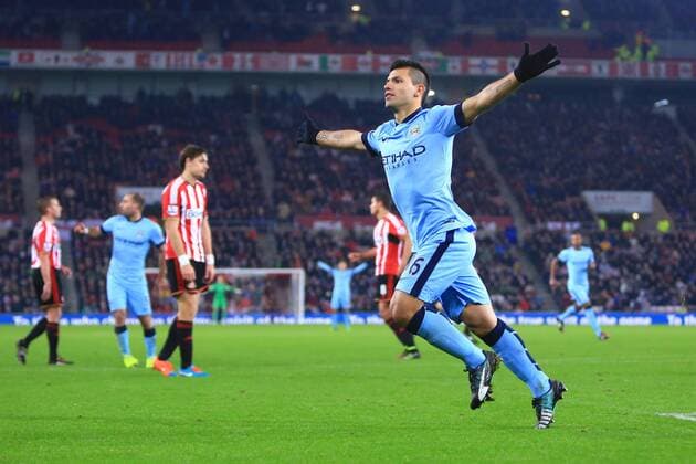 Sergio Kun Aguero of Manchester City celebrates scoring his sides fourth goal - Sunderland vs. Manchester City - Barclay s Premier League - Stadium of Light - Sunderland - 03 12 2014 Pic Philip Oldham Sportimage EDITORIAL USE ONLY. No use with unauthorised audio, video, data, fixture lists, club league logos or live services. Online in-match use limited to 120 images, no video emulation. No use in betting, games or single club league player publications.