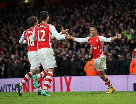 Arsenal s Alexis Sanchez celebrates scoring his sides opening goal Barclays Premier League- Arsenal vs Southampton - Emirates Stadium - England - 3rd December 2014 - Picture David Klein Sportimage EDITORIAL USE ONLY. No use with unauthorised audio, video, data, fixture lists, club league logos or live services. Online in-match use limited to 120 images, no video emulation. No use in betting, games or single club league player publications.