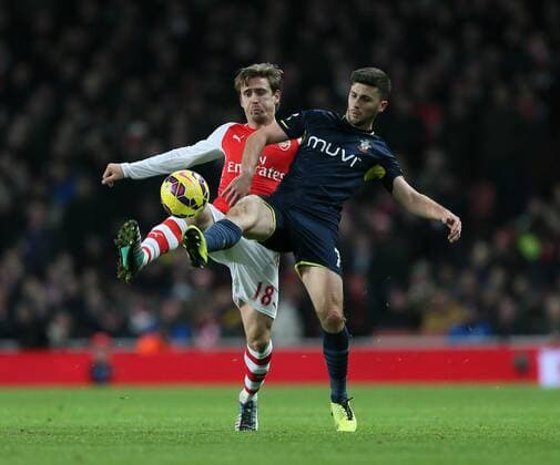 Arsenal s Nacho Monreal tussles with Southampton s Shane Long Barclays Premier League- Arsenal vs Southampton - Emirates Stadium - England - 3rd December 2014 - Picture David Klein Sportimage EDITORIAL USE ONLY. No use with unauthorised audio, video, data, fixture lists, club league logos or live services. Online in-match use limited to 120 images, no video emulation. No use in betting, games or single club league player publications.