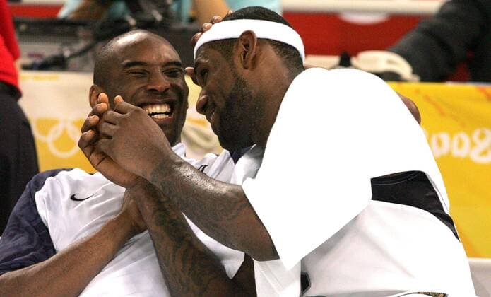 Aug. 20, 2008 - Kobe Bryant, left, and LeBron James of the United States laugh on the bench during a game against Australia on Wednesday, August 20, 2008, in the Games of the XXIX Olympiad in Beijing, China. (Eric Seals Detroit Free Press MCT) News Archive - Aug. 20, 2008 - ZUMAm67_