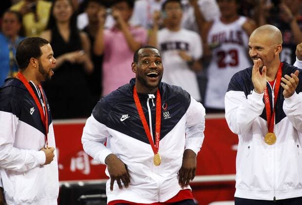 Aug. 24, 2008 - LeBron James of the United States, center, celebrates with teammates Deron Williams, left, and Jason Kidd after receiving the gold medal game on Sunday, August 24, 2008, in the Games of the XXIX Olympiad in Beijing, China. (Tom Fox Dallas Morning News MCT) News Archive - Aug. 24, 2008 - ZUMAm67_