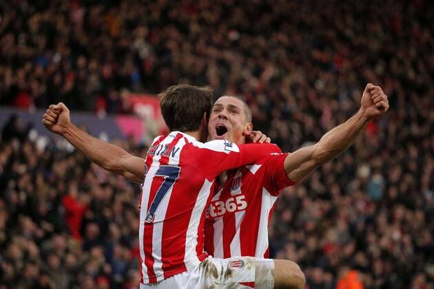 Aktuell Fußball, England, Premier League, Stoke City - FC Arsenal Bojan celebrates scoring the second goal for Stoke City with Jonothan Walters - Football - Stoke City vs Arsenal - Barclays Premiership - Britannia Stadium Stoke - Season 14 15 - 6th December 2014 Photo Malcolm Couzens Sportimage EDITORIAL USE ONLY. No use with unauthorised audio, video, data, fixture lists, club league logos or live services. Online in-match use limited to 120 images, no video emulation. No use in betting, games or single club league player publications.