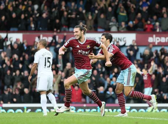West Ham s Andy Carroll celebrates scoring his sides second goal Barclays Premier League- West Ham United vs Swansea City - Upton Park - England - 7th December 2014 - Picture David Klein Sportimage EDITORIAL USE ONLY. No use with unauthorised audio, video, data, fixture lists, club league logos or live services. Online in-match use limited to 120 images, no video emulation. No use in betting, games or single club league player publications.