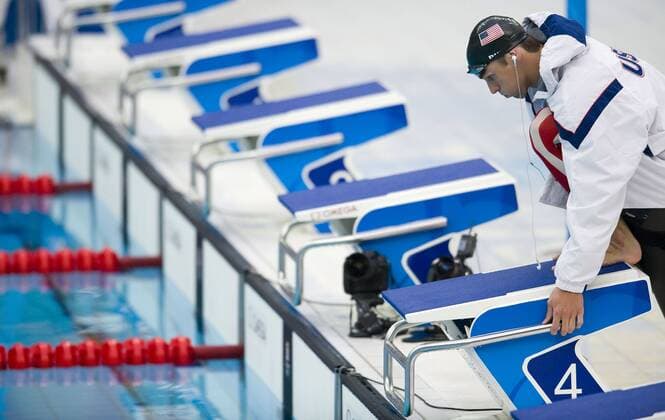 Aug. 13, 2008 - Michael Phelps of the United States examines his starting block before swimming to gold and a world record in the 200-meter butterfly on Wednesday, August 13, 2008, in the Games of the XXIX Olympiad in Beijing, China. (David Eulitt Kansas City Star MCT) News Archive - Aug. 13, 2008 - ZUMAm67_