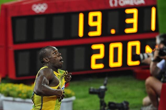 Aug. 20, 2008 - Usain Bolt of Jamaica celebrates a gold medal and world record in the 200 meters on Wednesday, August 20, 2008, in the Games of the XXIX Olympiad in Beijing, China. (David Eulitt Kansas City Star MCT) News Archive - Aug. 20, 2008 - ZUMAm67_