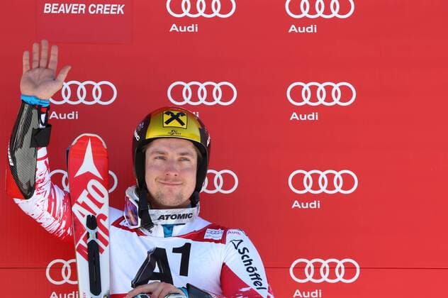 ALPINE SKIING - FIS WC Beaver Creek BEAVER CREEK,COLORADO,USA,07.DEC.14 - ALPINE SKIING - FIS World Cup, giant slalom men, award ceremony. Image shows the rejoicing of Marcel Hirscher (AUT).