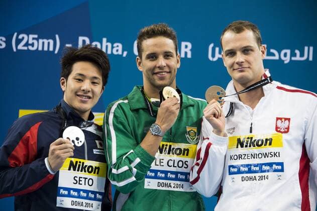LE CLOS Chad RSA Gold Medal CR SETO Daiya JPN Silver Medal KORZENIOWSKI Pawel POL Bronze Medal Men s Butterfly 200m Final Doha Qatar 07-12-2014 Hamad Aquatic Centre, 12th FINA World Swimming Championships (25m). GiorgioxScala