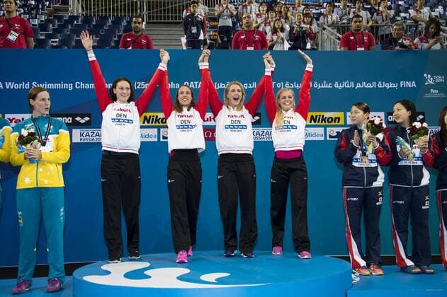 DENMARK Gold Medal AUSTRALIA Silver Medal JAPAN Bronze Medal Women s Medley 4x100m Final Doha Qatar 07-12-2014 Hamad Aquatic Centre, 12th FINA World Swimming Championships (25m). GiorgioxScala