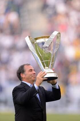 Dec 7, 2014; Carson, CA, USA; Los Angeles Galaxy coach Bruce Arena celebrates with the MLS Fussball Herren USA Cup after the MLS Cup Final between the Los Angeles Galaxy and the New England Revolution at the Stub Hub Center in Carson, CA. The Galaxy won 2-1 in extra time. Joe Camporeale Cal Media MLS 2014: Revolution vs Galaxy DEC 7 - ZUMAc04_