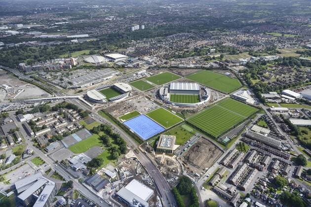Aktuell Fußball, England, Premier League, Manchester City eröffnet Fußball-Akademie Aerial view of the newly opened City Football Academy - Launch of the the City Football Academy - Etihad Campus - Manchester - England - 8th December 2014 - Picture Pool Sportimage EDITORIAL USE ONLY. No use with unauthorised audio, video, data, fixture lists, club league logos or live services. Online in-match use limited to 120 images, no video emulation. No use in betting, games or single club league player publications.