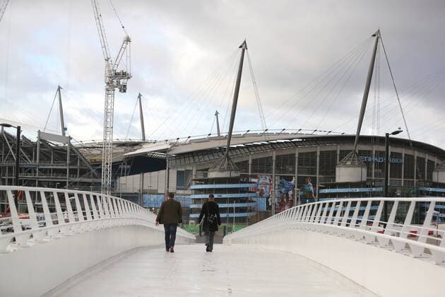 A general view of the link bridge between the new Academy Stadium and the Etihad Stadium, during the opening of the new Manchester City Etihad Campus. - Launch of the the City Football Academy - Etihad Campus - Manchester - England - 8th December 2014 - Picture David Thompson-Sportimage EDITORIAL USE ONLY. No use with unauthorised audio, video, data, fixture lists, club league logos or live services. Online in-match use limited to 120 images, no video emulation. No use in betting, games or single club league player publications.