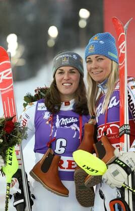 ALPINE SKIING - FIS WC Aare AARE,SWEDEN,13.DEC.14 - ALPINE SKIING - FIS World Cup, slalom, ladies, award ceremony. Image shows the rejoicing of Maria Pietilae-Holmner (SWE) and Frida Hansdotter (SWE).