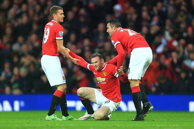 Aktuell Fußball, England, Premier League, Manchester United - FC Liverpool Wayne Rooney of Manchester United ManU celebrates his opening goal - Manchester United vs. Liverpool - Barclay s Premier League - Old Trafford - Manchester - 14 12 2014 Pic Philip Oldham Sportimage EDITORIAL USE ONLY. No use with unauthorised audio, video, data, fixture lists, club league logos or live services. Online in-match use limited to 120 images, no video emulation. No use in betting, games or single club league player publications.