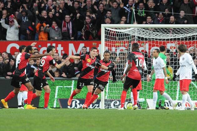 Aktuell Fußball, Frankreich, Ligue 1, EA Guingamp - Paris St. Germain joie Jeremy Pied apres son but - Christophe Kerbrat - Claudio Beauvue (Guingamp) FOOTBALL : Guingamp vs PSG - Ligue 1 - 14 12 2014 N.LeGouic FEP Panoramic 