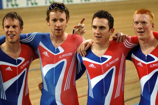 Palma de Mallorca. Spain 30th March 2007. UCI Track cycling Rad Radsport Bahnrad Bahn World Championships. Mens team pursuit final. Gold Medallists for Great Britain Paul Manning, Bradley Wiggins, Thomas Geraint, Edward Clancy. 