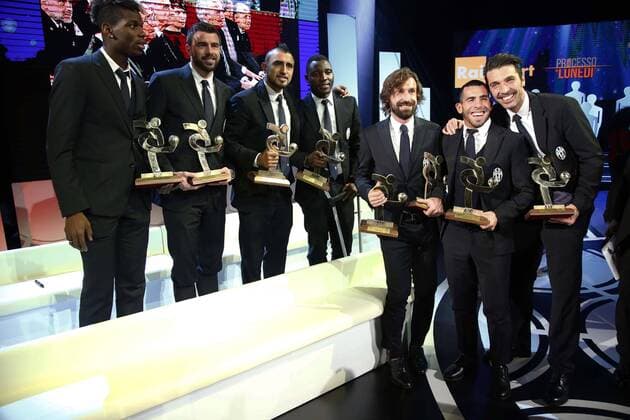 Gran Gala del Calcio AIC Juventus Turin Paul Pogba Andrea Barzagli, Arturo Vidal, Kwadwo Asamoah, Andrea Pirlo, Carlos Tevez, Gianluigi Buffon xHOCHxZWEIx xItalyxPhotoxPressx 