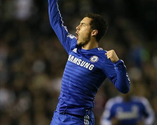 Eden Hazard of Chelsea jumps up to celebrate scoring the first goal - Capital One Cup Quarter Final - Derby vs Chelsea - iPro Stadium - Derby - England - 16th December 2014 - Picture Simon Bellis Sportimage EDITORIAL USE ONLY. No use with unauthorised audio, video, data, fixture lists, club league logos or live services. Online in-match use limited to 120 images, no video emulation. No use in betting, games or single club league player publications.