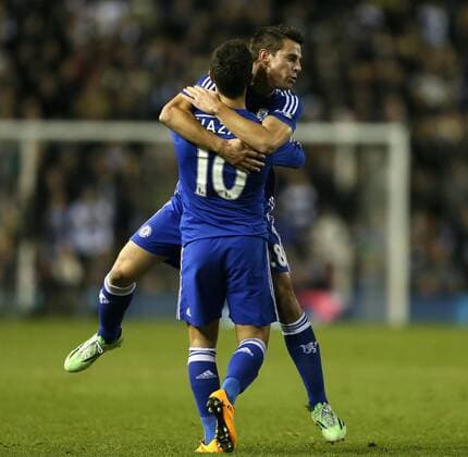 Cesar Azpilicueta of Chelsea celebrates with scorer Eden Hazard of Chelsea - Capital One Cup Quarter Final - Derby vs Chelsea - iPro Stadium - Derby - England - 16th December 2014 - Picture Simon Bellis Sportimage EDITORIAL USE ONLY. No use with unauthorised audio, video, data, fixture lists, club league logos or live services. Online in-match use limited to 120 images, no video emulation. No use in betting, games or single club league player publications.