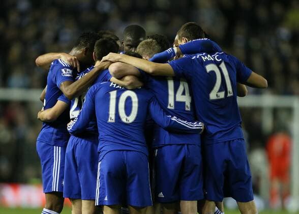 Chelsea players get together as a group after the goal scored by Eden Hazard of Chelsea - Capital One Cup Quarter Final - Derby vs Chelsea - iPro Stadium - Derby - England - 16th December 2014 - Picture Simon Bellis Sportimage EDITORIAL USE ONLY. No use with unauthorised audio, video, data, fixture lists, club league logos or live services. Online in-match use limited to 120 images, no video emulation. No use in betting, games or single club league player publications.