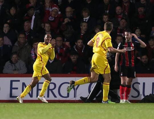 Liverpool s Raheem Sterling celebrates scoring his sides opening goal Capital One Cup- Bournemouth vs Liverpool - Goldsands Stadium - England - 17th December 2014 - Picture David Klein Sportimage EDITORIAL USE ONLY. No use with unauthorised audio, video, data, fixture lists, club league logos or live services. Online in-match use limited to 120 images, no video emulation. No use in betting, games or single club league player publications.