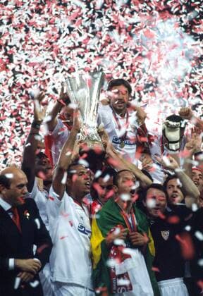 UEFA Cup Final in Eindhoven - Sevilla FC Players go wild with delight upon being presented with the Trophy 