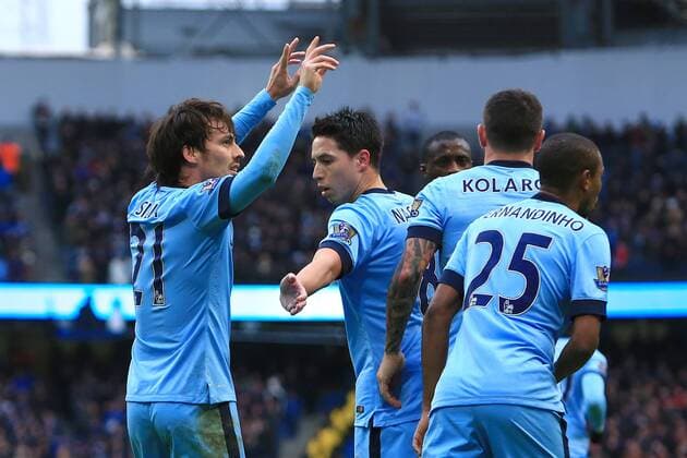 David Silva of Manchester City celebrates scoring his second goal - Manchester City vs. Crystal Palace - Barclay s Premier League - Etihad Stadium - Manchester - 20 12 2014 EDITORIAL USE ONLY. No use with unauthorised audio, video, data, fixture lists, club league logos or live services. Online in-match use limited to 120 images, no video emulation. No use in betting, games or single club league player publications.
