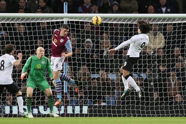 Radamel Falcao of Manchester United ManU rises up to head the equalising goal - Barclays Premier League - Aston Villa vs Manchester United Villa Park Stadium - Birmingham - England - 20th December 2014 - Picture SimonBellis Sportimage EDITORIAL USE ONLY. No use with unauthorised audio, video, data, fixture lists, club league logos or live services. Online in-match use limited to 120 images, no video emulation. No use in betting, games or single club league player publications.