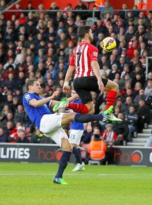 Football - 2014 2015 Premier League - Southampton vs. Everton Phil Jagielka of Everton challenges Southampton s Shane Long for a high ball in the penalty area and brings the Southampton player down but the calls for a penalty were not given at St Mary s Stadium Southampton Colorsport ShaunBoggust 