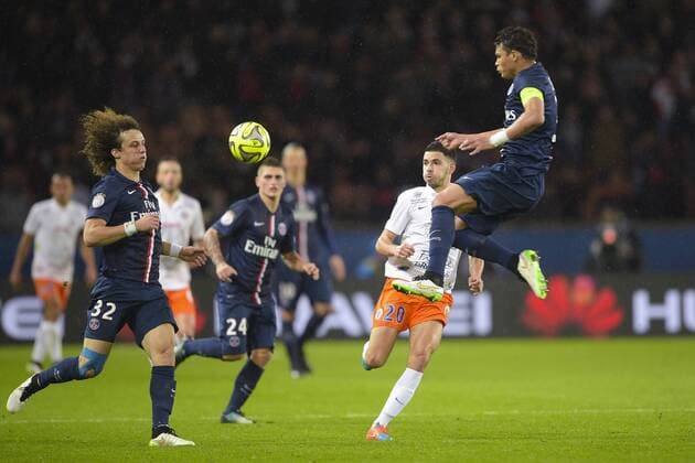 David Luiz - Thiago Silva (PSG) vs Morgan SANSON (Montpellier) FOOTBALL : PSG vs Montpellier - L1 - 20 12 2014 JBAutissier Panoramic 