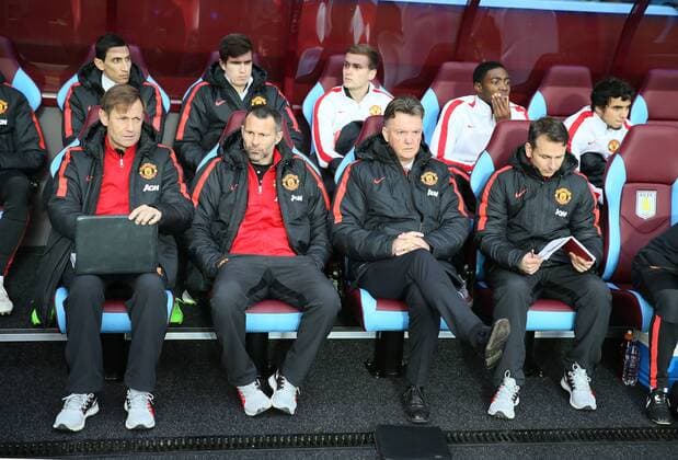 Louis van Gaal manager of Manchester United ManU sits on the bench with assistant Ryan Giggs - Barclays Premier League - Aston Villa vs Manchester Utd-- Villa Park Stadium - Birmingham - England - 20th December 2014 - Picture Simon Bellis Sportimage EDITORIAL USE ONLY. No use with unauthorised audio, video, data, fixture lists, club league logos or live services. Online in-match use limited to 120 images, no video emulation. No use in betting, games or single club league player publications.