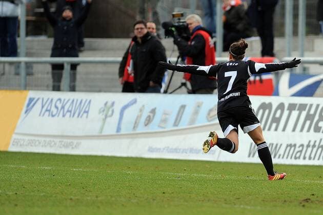 21.12.2014, xnrx, Fussball DFB Pokal Damen, 1.FFC Frankfurt - FC Bayern Muenchen, v.l. Jubel zum 1:0 fuer Frankfurt, Torschuetze Veronica Boquete (1.FFC Frankfurt)