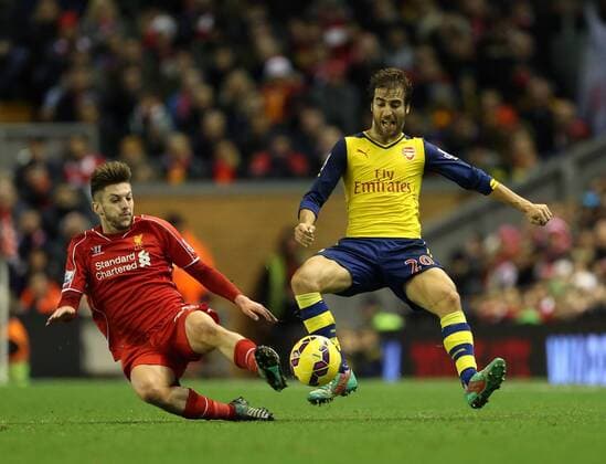 Liverpool s Adam Lallana tussles with Arsenal s Mathieu Flamini Barclays Premier League - Liverpool vs Arsenal - Anfield - England - 21st December 2014 - Picture David Klein Sportimage EDITORIAL USE ONLY. No use with unauthorised audio, video, data, fixture lists, club league logos or live services. Online in-match use limited to 120 images, no video emulation. No use in betting, games or single club league player publications.