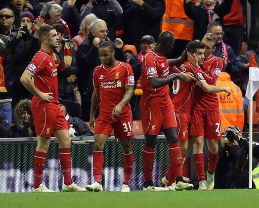 Liverpool s Philippe Coutinho celebrates scoring his sides opening goal Barclays Premier League - Liverpool vs Arsenal - Anfield - England - 21st December 2014 - Picture David Klein Sportimage EDITORIAL USE ONLY. No use with unauthorised audio, video, data, fixture lists, club league logos or live services. Online in-match use limited to 120 images, no video emulation. No use in betting, games or single club league player publications.