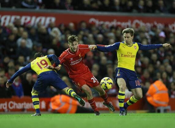 Aktuell Fußball, England, Premier League, FC Liverpool - FC Arsenal Liverpool s Adam Lallana tussles with Arsenal s Nacho Monreal Barclays Premier League - Liverpool vs Arsenal - Anfield - England - 21st December 2014 - Picture David Klein Sportimage EDITORIAL USE ONLY. No use with unauthorised audio, video, data, fixture lists, club league logos or live services. Online in-match use limited to 120 images, no video emulation. No use in betting, games or single club league player publications.