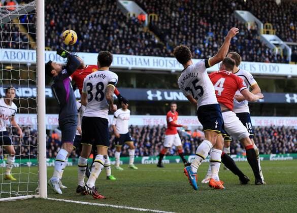 Tottenham s Hugo Lloris saves from Manchester United ManU s Phil Jones Barclays Premier League - Tottenham Hotspur vs Manchester United - White Hart Lane - England - 28th December 2014 - Picture David Klein Sportimage EDITORIAL USE ONLY. No use with unauthorised audio, video, data, fixture lists, club league logos or live services. Online in-match use limited to 120 images, no video emulation. No use in betting, games or single club league player publications.