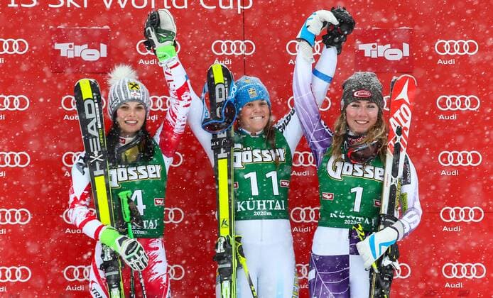 ALPINE SKIING - FIS WC Kuehtai KUEHTAI,AUSTRIA,28.DEC.14 - ALPINE SKIING - FIS World Cup, giant slalom ladies, award ceremony. Image shows the rejoicing of Anna Fenninger (AUT), Sara Hector (SWE) and Mikaela Shiffrin (USA).