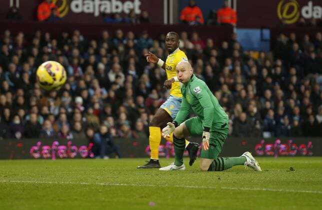 Yannick Bolasie hits the post for Palace with the goal at his mercy - Barclays Premiership Football - Aston Villa v Crystal Palace - Villa Park Birmingham - Season 14 15 - 01 01 2015 Photo: Malcolm Couzens Sportimage EDITORIAL USE ONLY. No use with unauthorised audio, video, data, fixture lists, club league logos or live services. Online in-match use limited to 120 images, no video emulation. No use in betting, games or single club league player publications.