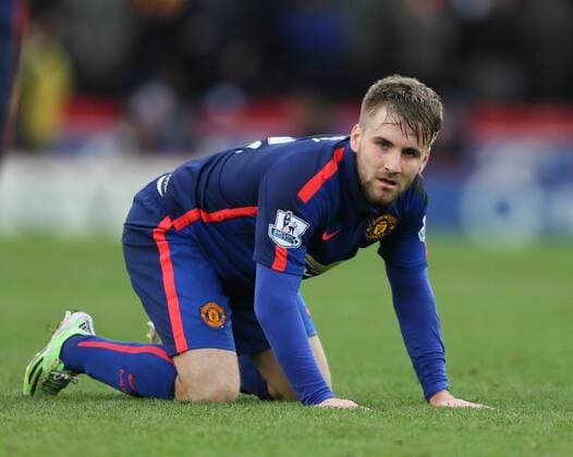 Luke Shaw of Manchester United ManU on his knees - Barclays Premier League - Stoke City vs Manchester Utd - Stoke - England - 1st January 2015 - Picture Simon Bellis Sportimage EDITORIAL USE ONLY. No use with unauthorised audio, video, data, fixture lists, club league logos or live services. Online in-match use limited to 120 images, no video emulation. No use in betting, games or single club league player publications.
