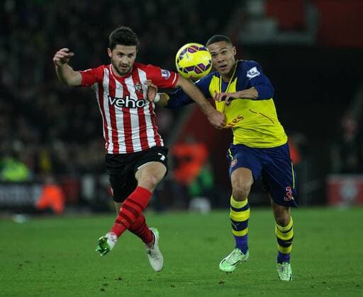 Football - 2014 2015 Premier League - Southampton vs. Arsenal Southampton s Shane Long and Kieran Gibbs of Arsenal get to grips with each other as the chase a loose ball at St Mary s Stadium Southampton Colorsport Shaun Boggust 