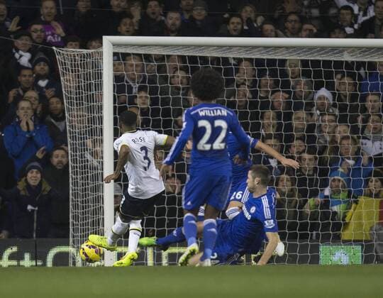 01.01.2015. London, England. Barclays Premier League. Tottenham versus Chelsea. Tottenham Hotspur s Danny Rose scores to put his side ahead 2-1. xNigelxCookex  ActionPlus11585902